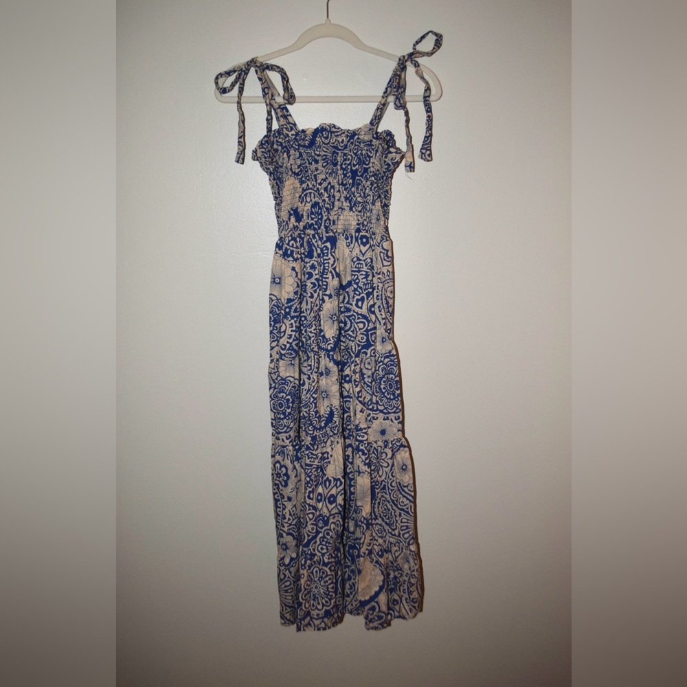 Umgee Blue and White Ruffled Tiered Maxi Dress